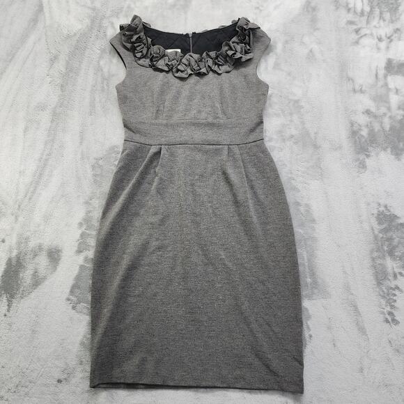 London Times Dress Size 6 Heather Gray Sheath Ruffled Neck Sleeveless Stretch - Picture 1 of 10